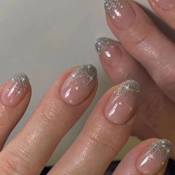 DAIIIBABYYY  -  24 PCs Short French Minimalist Glitter Nails with 1 Jelly Gel and 1 Nail File